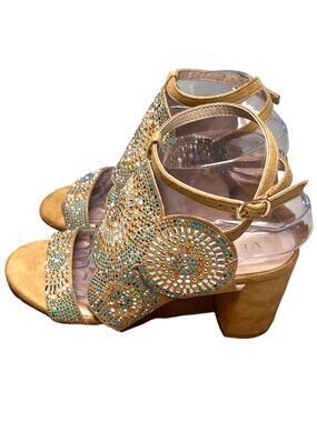 VENUS Womens 8 Tan Embellished Beaded Sandals Ankle Strap Block Heel